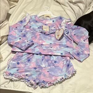 Btween 10 Pajamas loungewear pink Blue Starry Set ruffled shorts & top NWT